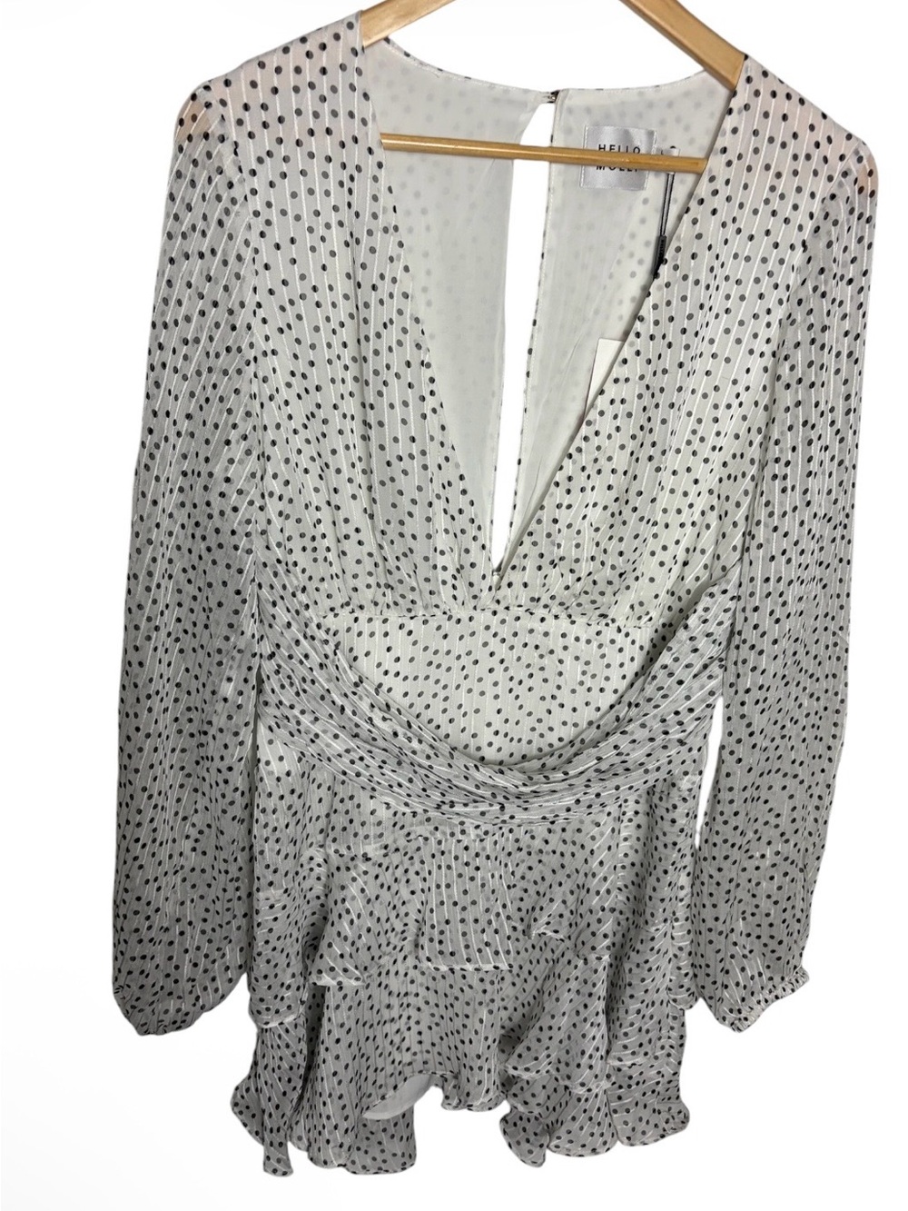 NWT Hello Molly white with black polka dots plunge neck mini ruffle dress Size 8